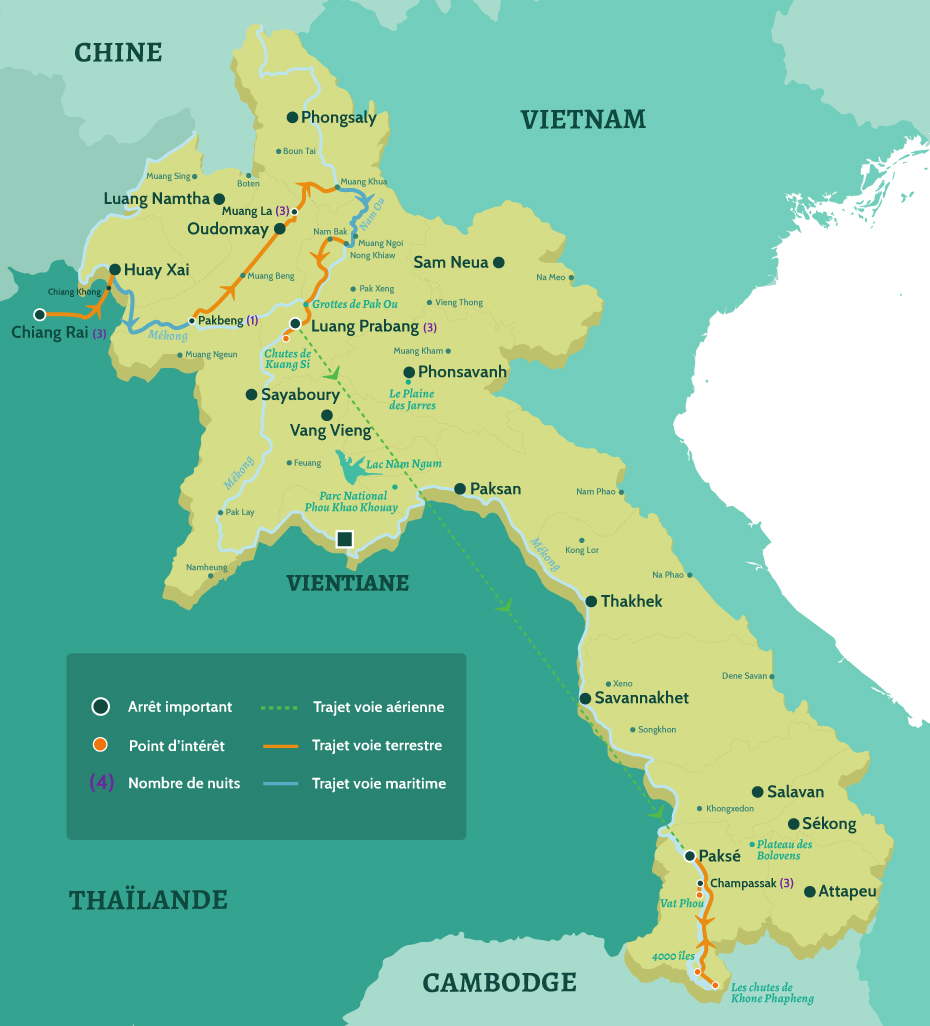 Carte du Laos circuit du Nord au Sud. Départ à Chiang Rai en Thaïlande, puis direction Pakbeng en croisière sur le Mékong, puis Muang La. Luang Prabang et les chutes de Kuang Si puis vol pour Paksé et direction Champassak et le Vat Phou, puis les 4000 îles.