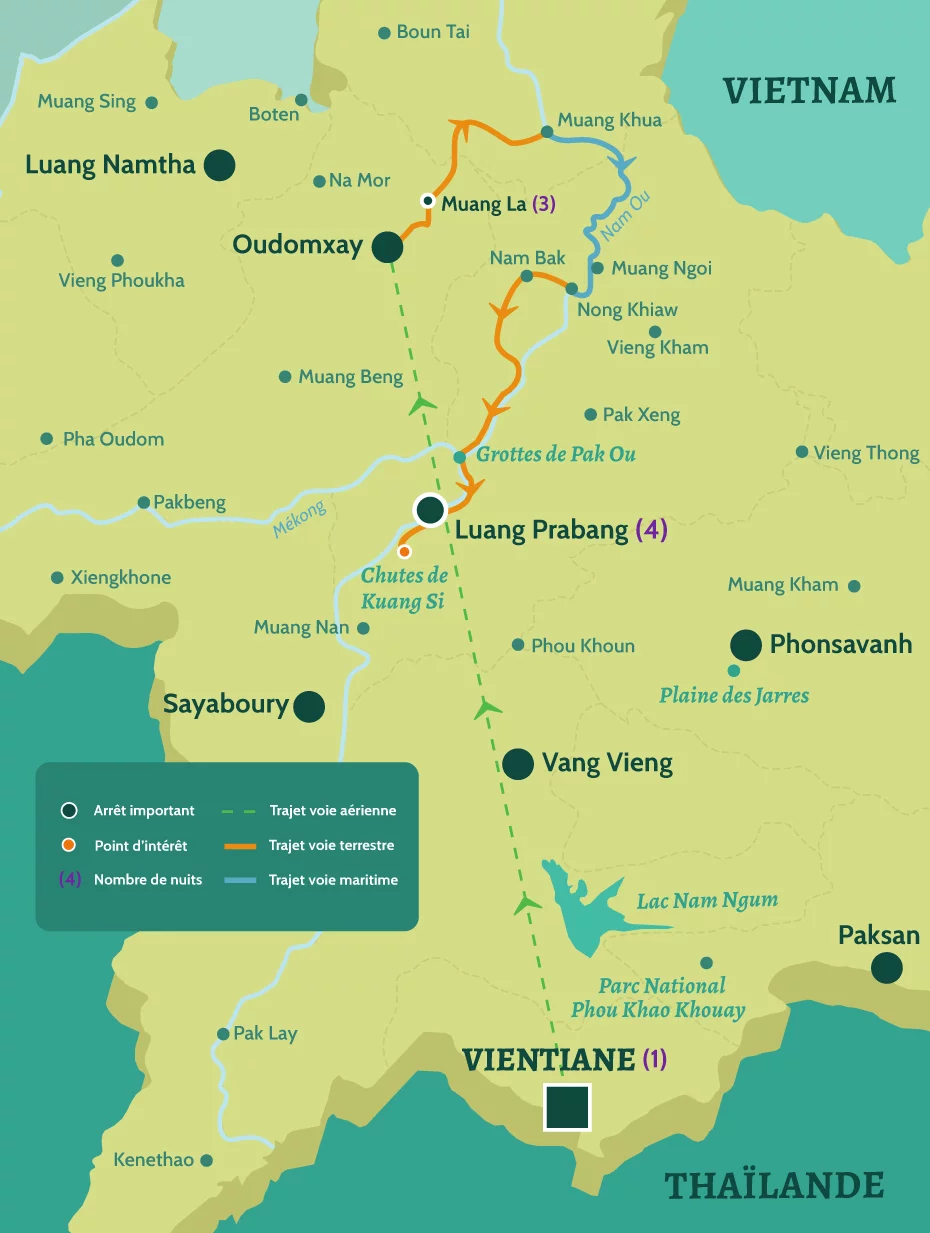 Carte du Laos circuit haut de gamme. De Vientiane à Oudomxay. Puis de Muang La à Luang Prabang en passant par les chutes de Kuang Si.