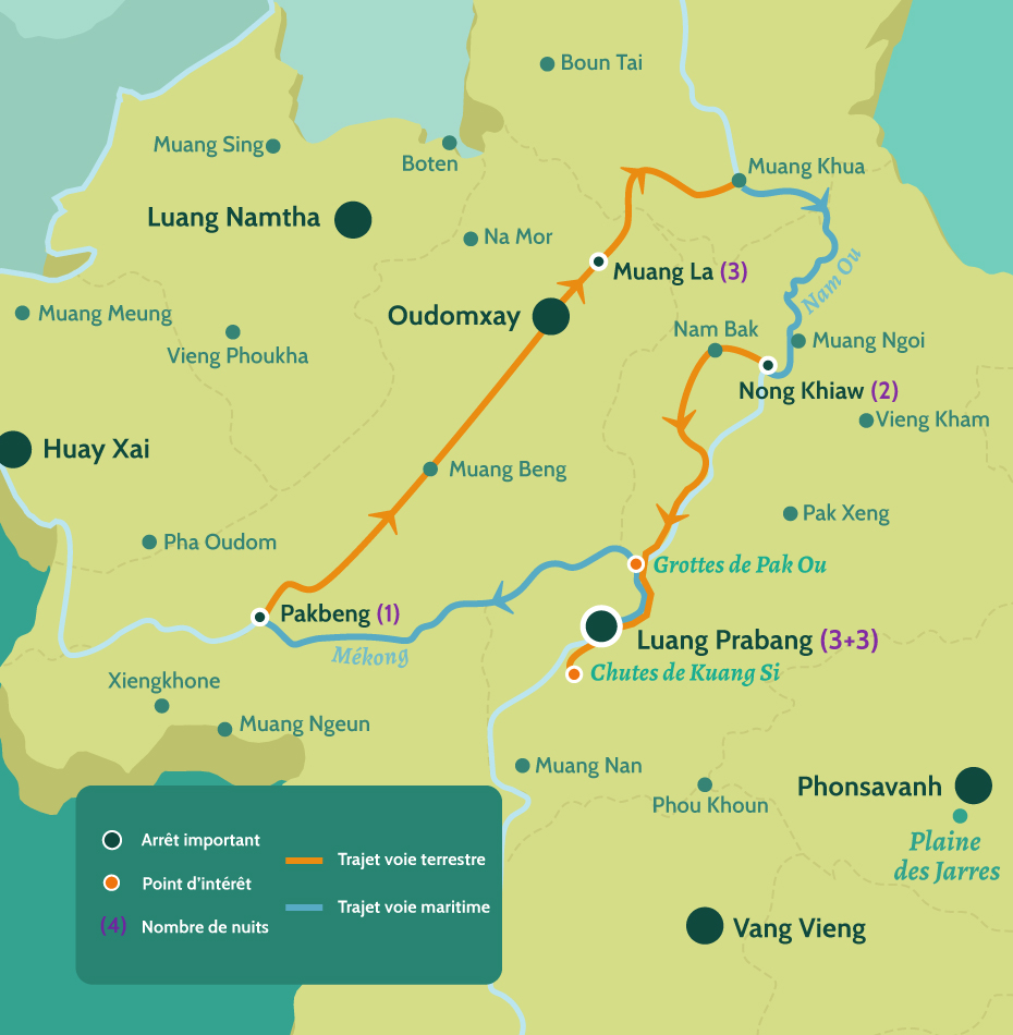 Carte du Laos circuit la boucle du nord Laos. Luang Prabang, les chutes de Kuang Si et les grottes de Pak Ou. Croisière sur le Mékong jusqu'à Pakbeng puis arrivée à Muang La, puis Nong Khiaw