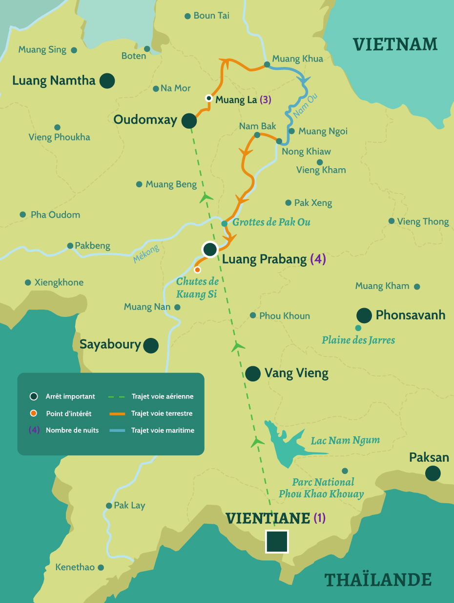 Carte du Laos circuit haut de gamme. De Vientiane à Oudomxay. Puis de Muang La à Luang Prabang en passant par les chutes de Kuang Si.