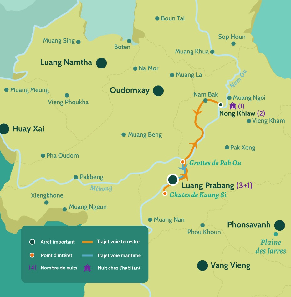 Carte du Laos circuit Luang Prabang vrsion zen et campagne. De Luang Prabang en passant par les chutes de Kuang Si et les Grottes de Pak Ou. Puis jusqu'à Nong Khiaw.