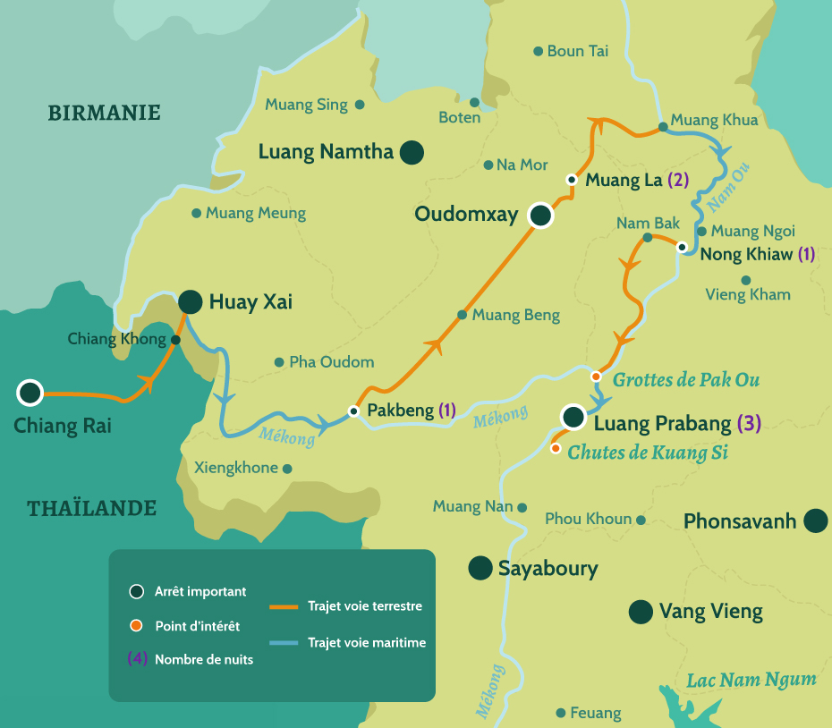 Carte du Laos circuit Peuple et culture du nord Laos et Thaïlande. De Chiang Rai à Pakbeng, puis de Oudomxay à Muang La. De Nong Khiaw à Luang Prabang en passant par les grottes de Pak Ou et les chutes de Kuang Si.