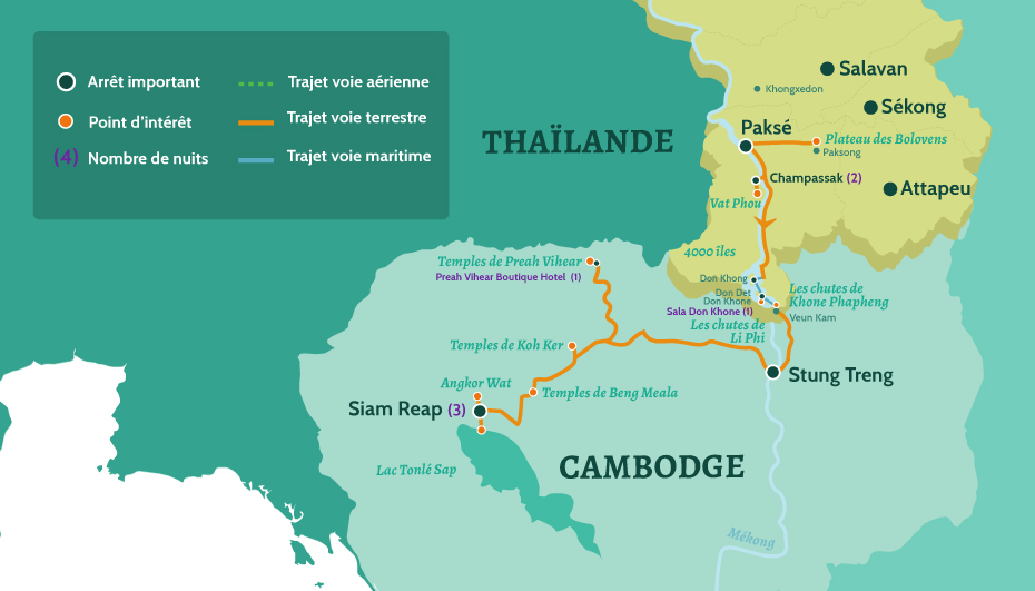 Carte du Laos et Cambodge circuit sur la route des temples d'Angkor. De Paksé au Plateau des Bolovens. En passant par le Champassak, le Vat Phou et les 4000 îles. Puis Siam Reap et Angkor Wat