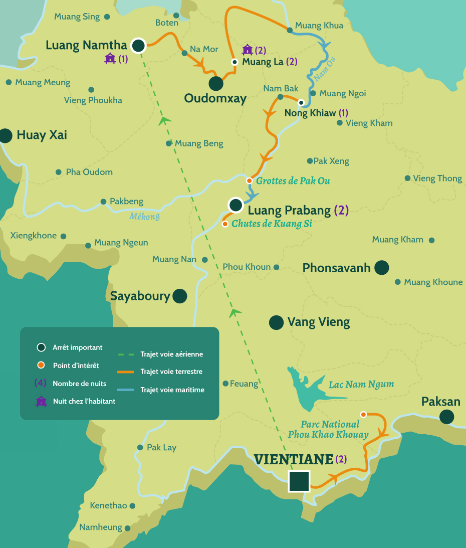 Carte du Laos circuit trek et ethnies au nord du Laos. Vientiane et la zone protégée Phou Khao Khouay. De Luang Namtha à Muang La puis Nong Khiaw. Luang Prabang les grottes de Pak Ou et les cascades de Kuang Si